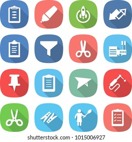 flat vector icon set - clipboard vector, marker, rocket, up down arrow, funnel, scissors, mall, pin, deltaplane, welding, clothespin, woman with duster, list