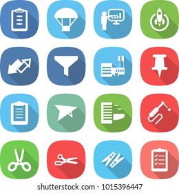 flat vector icon set - clipboard vector, parachute, presentation, rocket, up down arrow, funnel, mall, pin, deltaplane, hotel, welding, scissors, clothespin, list