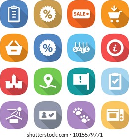 flat vector icon set - clipboard vector, percent, sale, add to cart, remove from basket, info, castle, geo pin, important flag, check, sun potection, in, pets, grill oven