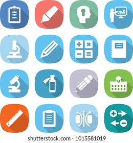 flat vector icon set - clipboard vector, marker, bulb head, presentation, microscope, pencil, calculator, copybook, potion bottle, university, ruler, magnetic field, charge particle