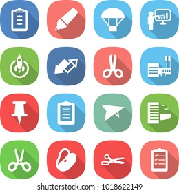 flat vector icon set - clipboard vector, marker, parachute, presentation, rocket, up down arrow, scissors, mall, pin, deltaplane, hotel, beans, list