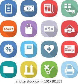 flat vector icon set - clipboard vector, money, newspaper, gift, sale, shopping bag, percent, copybook, heart cross, invoice, documents, cargo top sign, do not trolley, printer