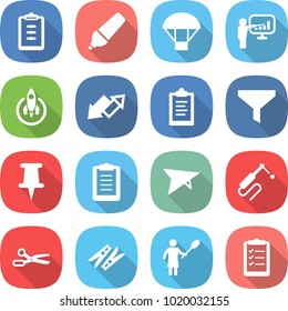 flat vector icon set - clipboard vector, marker, parachute, presentation, rocket, up down arrow, funnel, pin, deltaplane, welding, scissors, clothespin, woman with duster, list