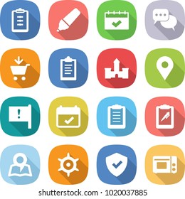 flat vector icon set - clipboard vector, marker, calendar, discussion, add to cart, castle, geo pin, important flag, terms, pen, map, handwheel, shield, grill oven