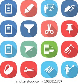 flat vector icon set - clipboard vector, marker, presentation, up down arrow, funnel, scissors, pin, plane, hotel, welding, beans, clothespin, woman with duster