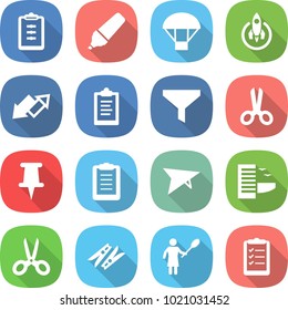flat vector icon set - clipboard vector, marker, parachute, rocket, up down arrow, funnel, scissors, pin, deltaplane, hotel, clothespin, woman with duster, list