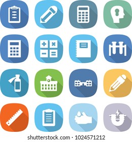 flat vector icon set - clipboard vector, pencil, calculator, bulb head, copybook, test vial, potion bottle, university, school, ruler, acid, electric magnet