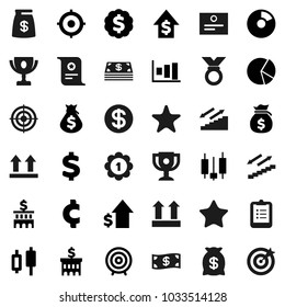 Flat vector icon set - clipboard vector, award cup, certificate, graph, pie, japanese candle, money bag, dollar growth, bank building, target, medal, cent sign, stairways run, top, favorites, coin