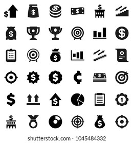 Flat vector icon set - clipboard vector, award cup, certificate, graph, pie, money bag, dollar growth, bank building, target, medal, cent sign, stairways run, top, coin, cash