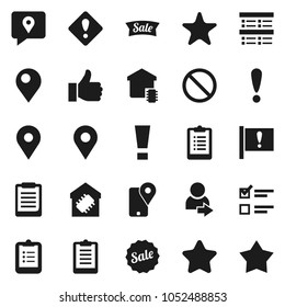 Flat vector icon set - clipboard vector, exam, prohibition sign, map pin, attention, traking, finger up, favorites, login, smart home, star, sale