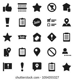 Flat vector icon set - clipboard vector, exam, prohibition sign, no alcohol, map pin, attention, traking, finger up, favorites, login, smart home, star, sale