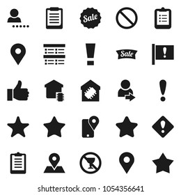 Flat vector icon set - clipboard vector, exam, prohibition sign, no alcohol, map pin, attention, traking, finger up, favorites, login, smart home, star, sale