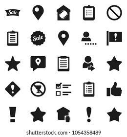 Flat vector icon set - clipboard vector, exam, prohibition sign, no alcohol, map pin, attention, traking, finger up, favorites, login, smart home, star, sale