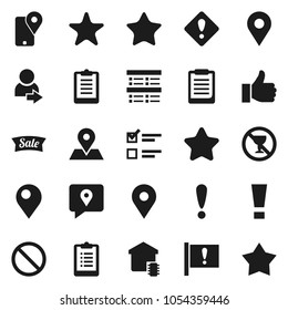 Flat vector icon set - clipboard vector, exam, prohibition sign, no alcohol, map pin, attention, traking, finger up, favorites, login, smart home, star, sale
