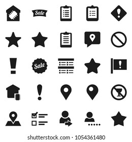 Flat vector icon set - clipboard vector, exam, prohibition sign, no alcohol, map pin, attention, traking, favorites, login, smart home, star, sale
