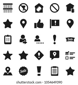 Flat vector icon set - clipboard vector, exam, prohibition sign, no alcohol, map pin, attention, traking, finger up, favorites, login, smart home, star, sale
