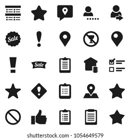 Flat vector icon set - clipboard vector, exam, prohibition sign, no alcohol, map pin, attention, traking, finger up, favorites, login, smart home, star, sale
