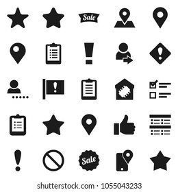 Flat vector icon set - clipboard vector, exam, prohibition sign, map pin, attention, traking, finger up, favorites, login, smart home, star, sale
