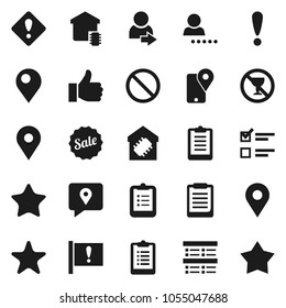 Flat vector icon set - clipboard vector, exam, prohibition sign, no alcohol, map pin, attention, traking, finger up, favorites, login, smart home, sale, star
