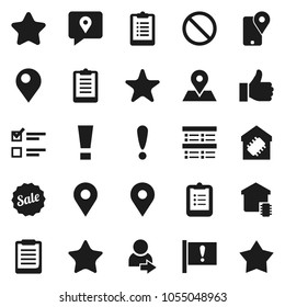 Flat vector icon set - clipboard vector, exam, prohibition sign, map pin, attention, traking, finger up, favorites, login, smart home, star, sale