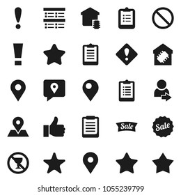 Flat vector icon set - clipboard vector, exam, prohibition sign, no alcohol, map pin, attention, traking, finger up, favorites, login, smart home, star, sale