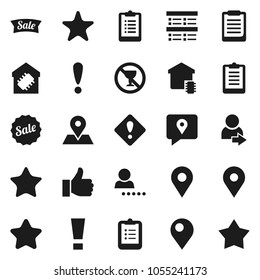 Flat vector icon set - clipboard vector, exam, no alcohol sign, map pin, attention, traking, finger up, favorites, login, smart home, star, sale