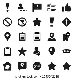 Flat vector icon set - clipboard vector, exam, prohibition sign, no alcohol, map pin, attention, traking, finger up, favorites, login, smart home, star, sale