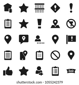 Flat vector icon set - clipboard vector, exam, prohibition sign, no alcohol, map pin, attention, traking, finger up, favorites, login, smart home, star, sale