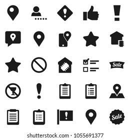 Flat vector icon set - clipboard vector, exam, prohibition sign, no alcohol, map pin, attention, traking, finger up, favorites, login, smart home, star, sale