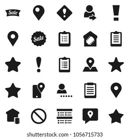Flat vector icon set - clipboard vector, exam, prohibition sign, map pin, attention, traking, favorites, login, smart home, star, sale