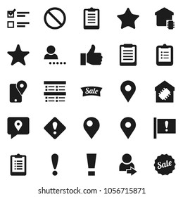 Flat vector icon set - clipboard vector, exam, prohibition sign, map pin, attention, traking, finger up, favorites, login, smart home, sale