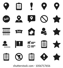 Flat vector icon set - clipboard vector, exam, prohibition sign, no alcohol, map pin, attention, traking, favorites, login, smart home, star, sale