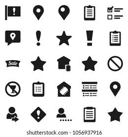 Flat vector icon set - clipboard vector, exam, prohibition sign, no alcohol, map pin, attention, traking, favorites, login, smart home, star, sale