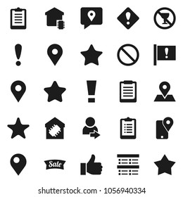 Flat vector icon set - clipboard vector, exam, prohibition sign, no alcohol, map pin, attention, traking, finger up, favorites, login, smart home, star, sale