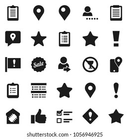 Flat vector icon set - clipboard vector, exam, no alcohol sign, map pin, attention, traking, finger up, favorites, login, smart home, star, sale