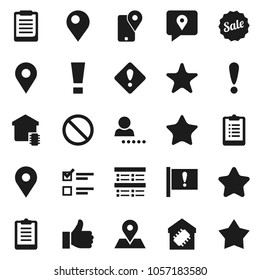 Flat vector icon set - clipboard vector, exam, prohibition sign, map pin, attention, traking, finger up, favorites, login, smart home, star, sale