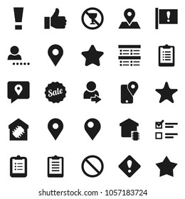 Flat vector icon set - clipboard vector, exam, prohibition sign, no alcohol, map pin, attention, traking, finger up, favorites, login, smart home, star, sale