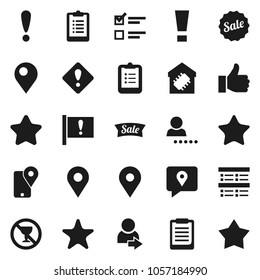 Flat vector icon set - clipboard vector, exam, no alcohol sign, map pin, attention, traking, finger up, favorites, login, smart home, star, sale