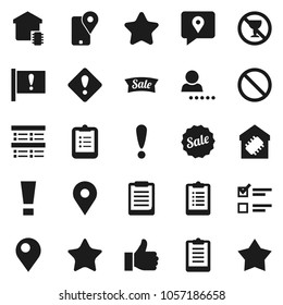Flat vector icon set - clipboard vector, exam, prohibition sign, no alcohol, map pin, attention, traking, finger up, favorites, login, smart home, star, sale