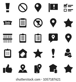 Flat vector icon set - clipboard vector, exam, prohibition sign, no alcohol, map pin, attention, traking, finger up, favorites, login, smart home, sale, star