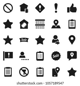 Flat vector icon set - clipboard vector, exam, prohibition sign, no alcohol, map pin, attention, traking, finger up, favorites, login, smart home, star, sale