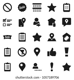 Flat vector icon set - clipboard vector, exam, prohibition sign, no alcohol, map pin, attention, traking, finger up, favorites, login, smart home, star, sale