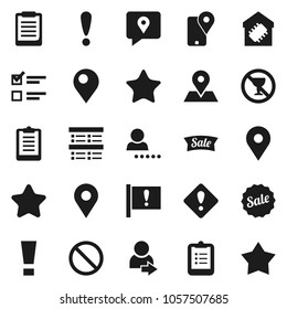 Flat vector icon set - clipboard vector, exam, prohibition sign, no alcohol, map pin, attention, traking, favorites, login, smart home, star, sale