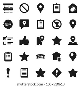 Flat vector icon set - clipboard vector, exam, prohibition sign, no alcohol, map pin, attention, traking, finger up, favorites, smart home, star, sale