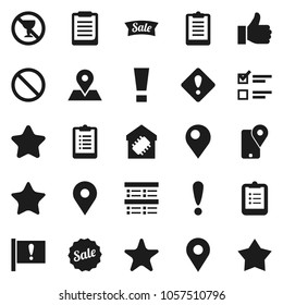 Flat vector icon set - clipboard vector, exam, prohibition sign, no alcohol, map pin, attention, traking, finger up, favorites, smart home, star, sale
