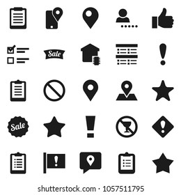Flat vector icon set - clipboard vector, exam, prohibition sign, no alcohol, map pin, attention, traking, finger up, favorites, login, smart home, sale, star