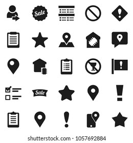 Flat vector icon set - clipboard vector, exam, prohibition sign, no alcohol, map pin, attention, traking, favorites, login, smart home, star, sale