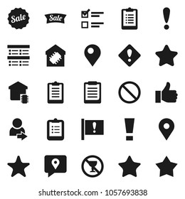 Flat vector icon set - clipboard vector, exam, prohibition sign, no alcohol, map pin, attention, traking, finger up, favorites, login, smart home, star, sale