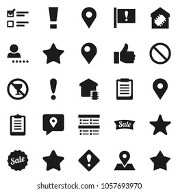 Flat vector icon set - clipboard vector, exam, prohibition sign, no alcohol, map pin, attention, traking, finger up, favorites, login, smart home, star, sale