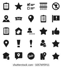 Flat vector icon set - clipboard vector, exam, no alcohol sign, map pin, attention, traking, finger up, favorites, login, smart home, star, sale
